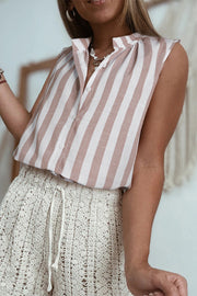 Gathered collar stripe sleeveless blouse with button front and a stand-up collar.