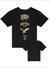 Black graphic t-shirt with raw edges and "Young Ambitious Club" print.