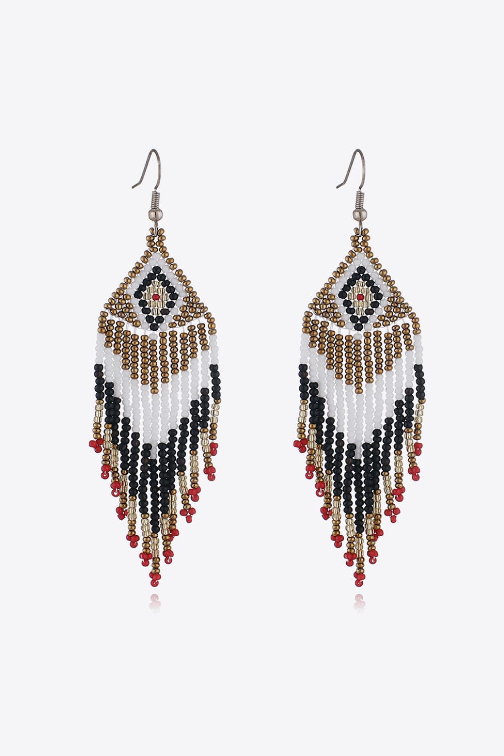 Beaded diamond fringe earrings in white, black, gold, and red.