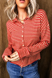 Striped Button Collar Long Sleeve Cardigan in Scarlet, side view