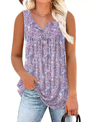 Floral print henley tank top in light purple with button detail and a flattering curvy fit.
