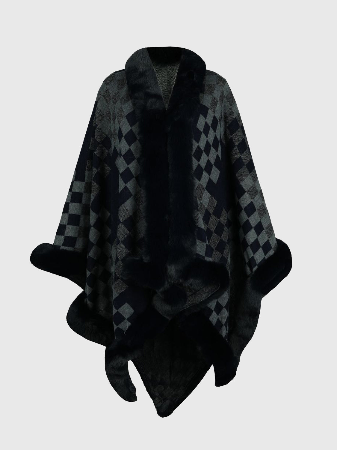 Charcoal diamond checkered poncho with faux fur trim and collar.