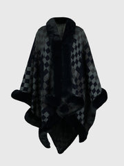 Charcoal diamond checkered poncho with faux fur trim and collar.