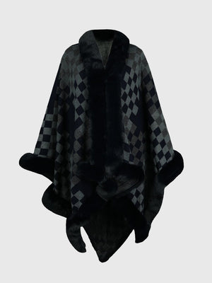 Charcoal diamond checkered poncho with faux fur trim and collar.
