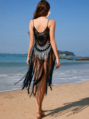Black crochet fringe swim cover-up with spaghetti straps and a V-neckline.