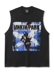 Black cotton crew neck tank top with distressed Linkin Park graphic
