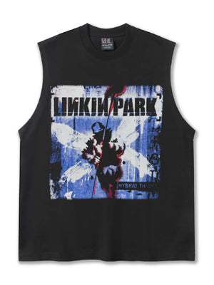 Black cotton crew neck tank top with distressed Linkin Park graphic
