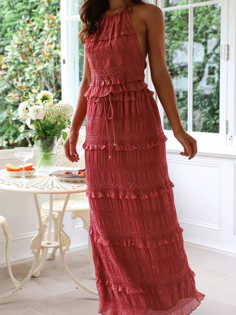 Brick-red halter neck smocked maternity maxi dress with tiered ruffles and drawstring waist
