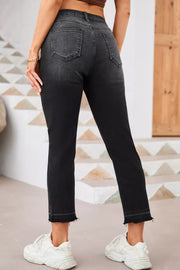 Charcoal washed denim maternity jeans with distressed hem detail.