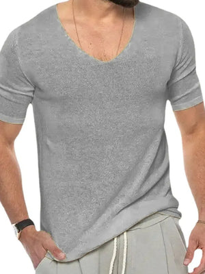 Gray textured knit tee with a subtle V-neck and short sleeves.