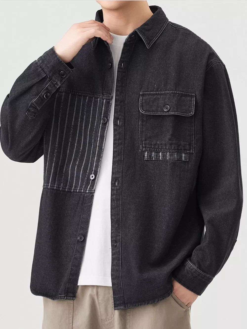 Men's black denim overshirt with chest pocket and striped panel detail
