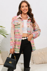 Aztec print shacket with patch pockets in pastel colors, button front, collared, long sleeves.