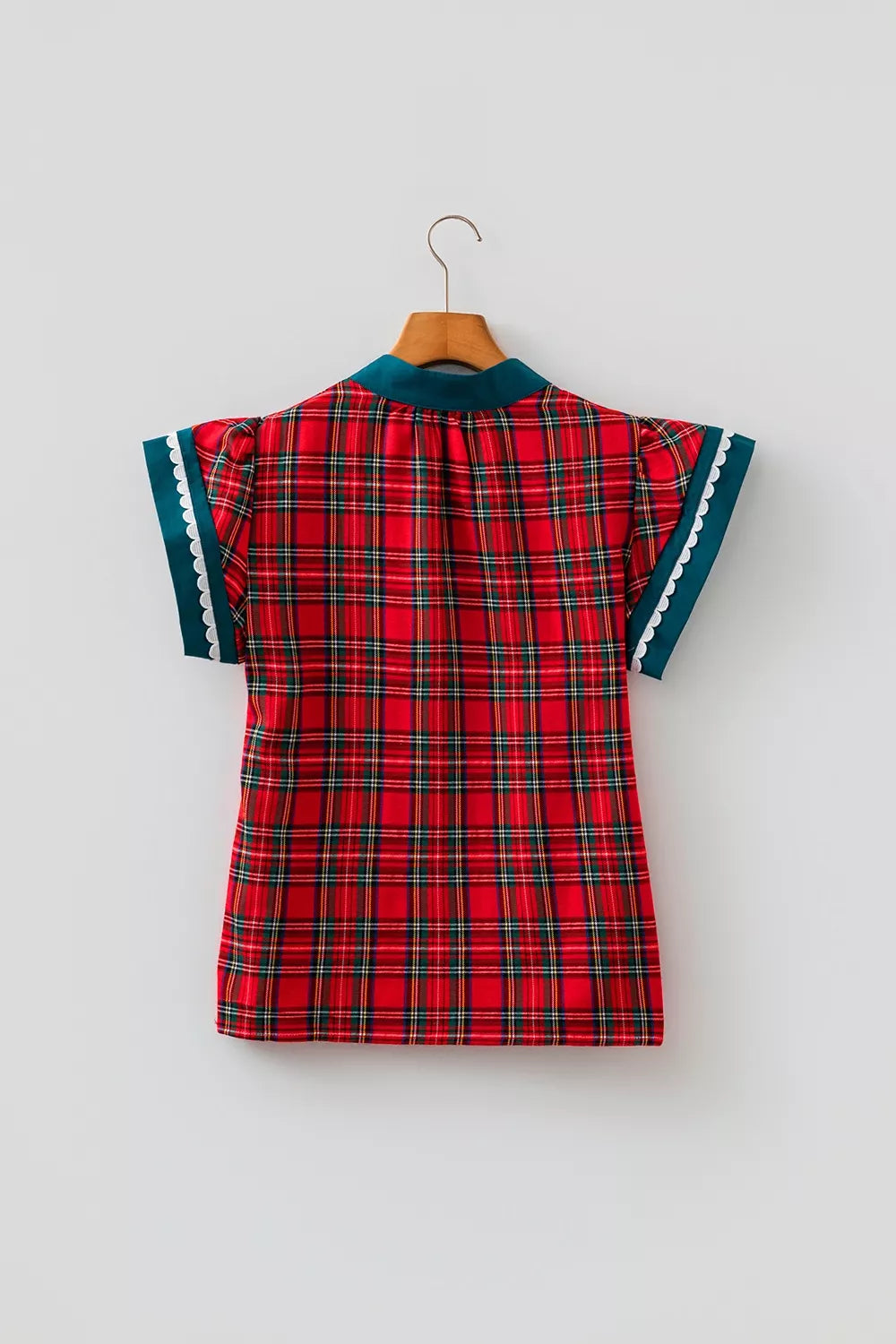 Plaid V Neck Short Sleeve Shift Blouse in Deep Red, model styling view