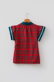 Plaid V Neck Short Sleeve Shift Blouse in Deep Red, model styling view