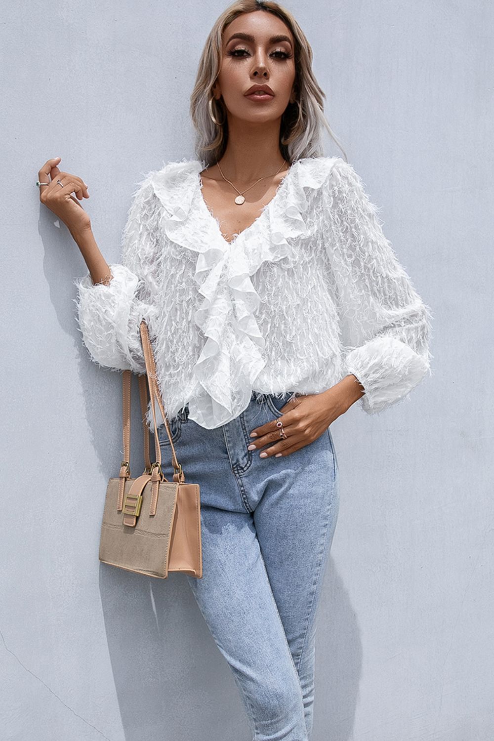 White textured ruffle front blouse with balloon sleeves