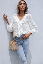 White textured ruffle front blouse with balloon sleeves