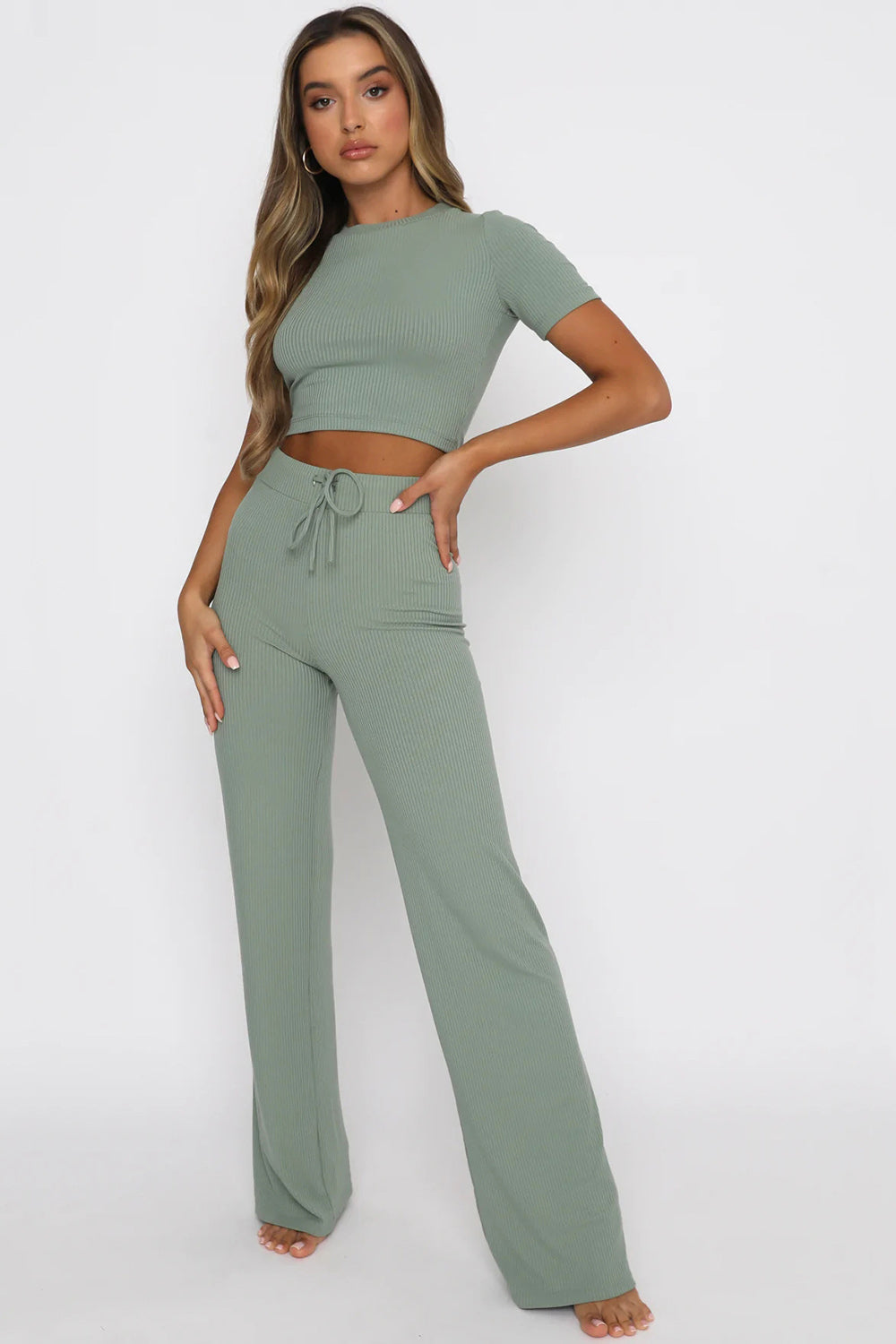 Sage ribbed crop top and wide leg pants set with drawstring waist