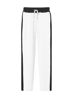Men's white sweatpants with black side stripe and drawstring waist.