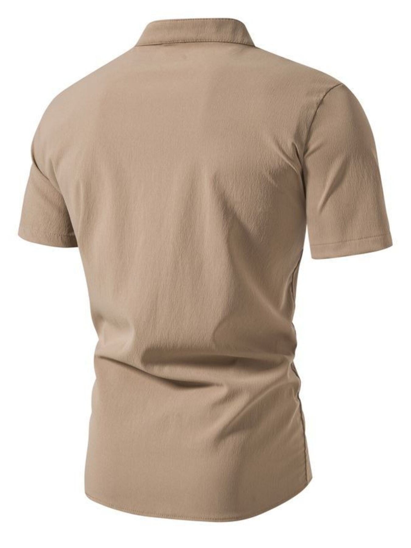 Men's Khaki cotton band collar button-up shirt, casual short sleeve, back view