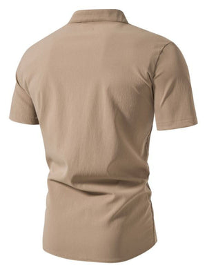 Men's Khaki cotton band collar button-up shirt, casual short sleeve, back view