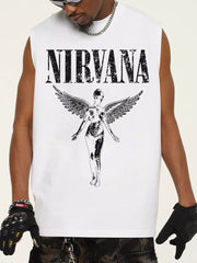 White cotton men's tank top with distressed Nirvana graphic and winged figure.