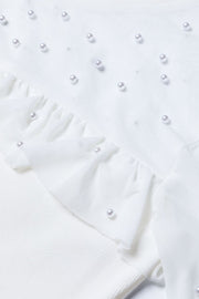 White mesh yoke bodysuit with pearl embellishments and ruffled trim