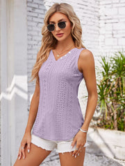 Lavender eyelet button-down sleeveless V-neck top with white buttons