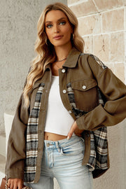 Olive mixed media shacket with plaid panels and a collared neckline.