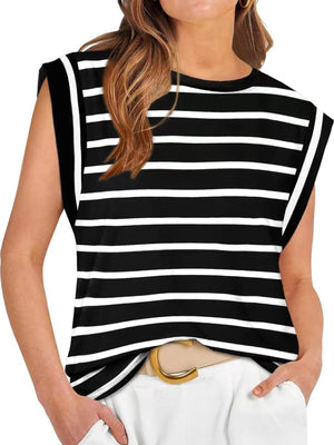 Black and white striped sleeveless tank top with crew neck and shoulder pads.
