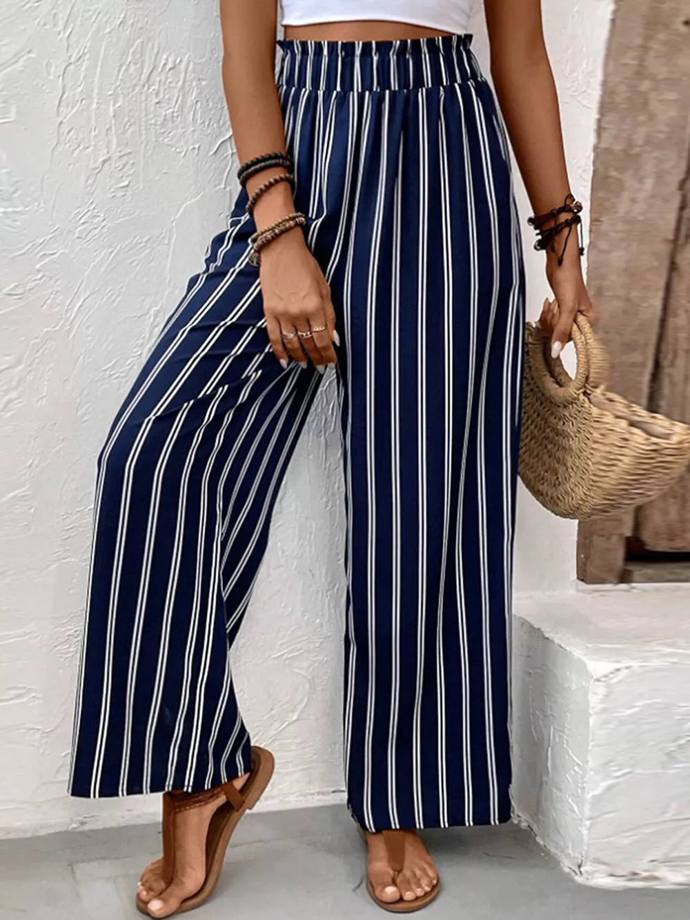 Striped Wide-leg Pants With Elastic Waistband in Dark Blue, side view