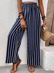 Striped Wide-leg Pants With Elastic Waistband in Dark Blue, side view