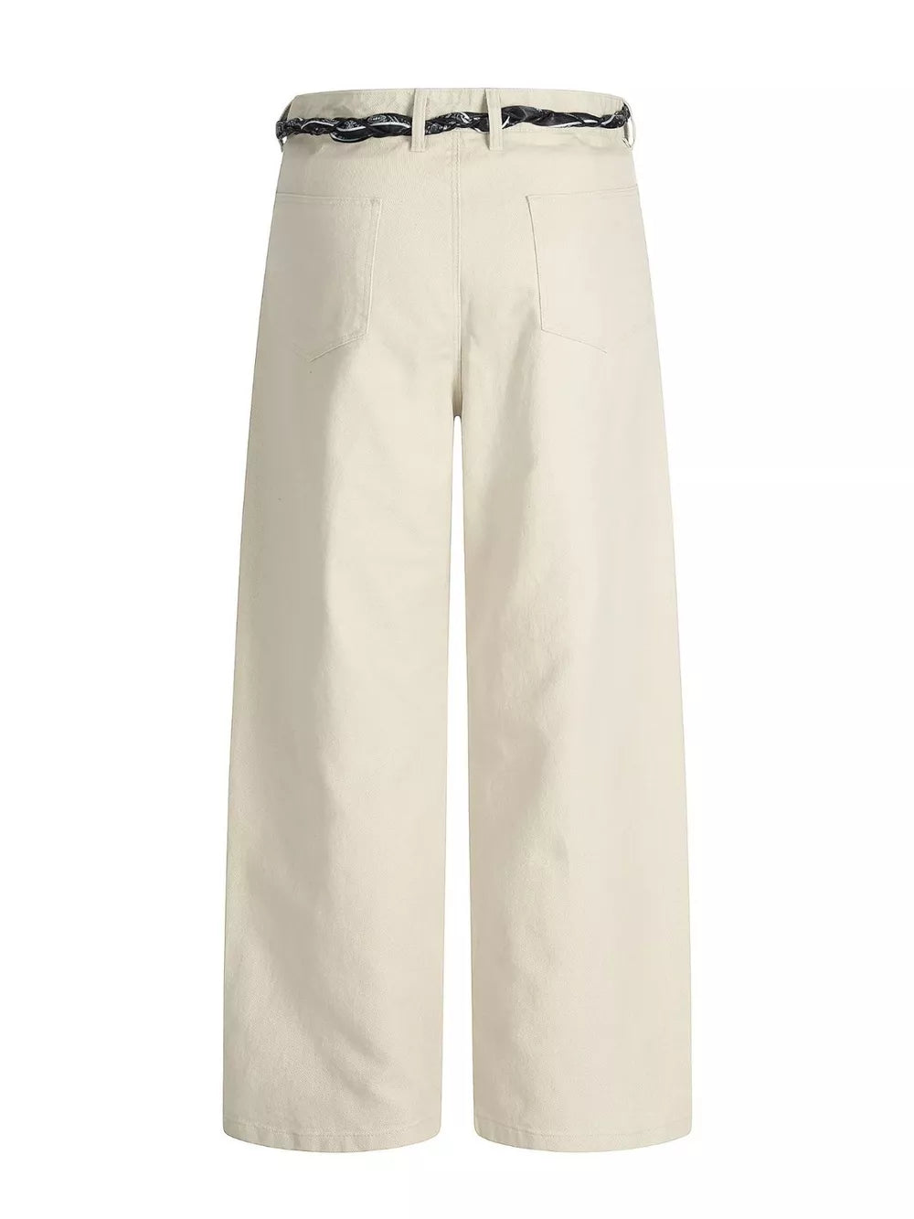 Cream white belted wide-leg maternity pants with relaxed fit and back pockets.
