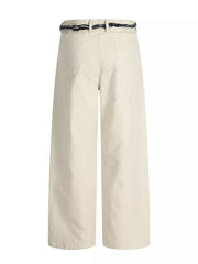 Cream white belted wide-leg maternity pants with relaxed fit and back pockets.