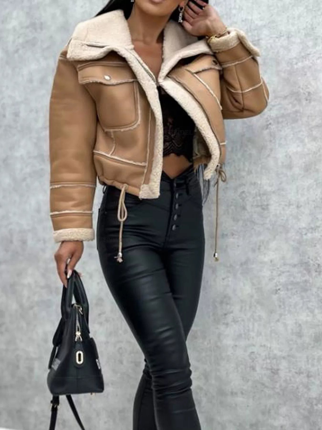 Cropped sherpa-trim jacket in khaki with buttoned pockets and drawstring hem.