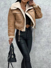 Cropped sherpa-trim jacket in khaki with buttoned pockets and drawstring hem.