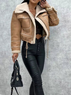 Cropped sherpa-trim jacket in khaki with buttoned pockets and drawstring hem.