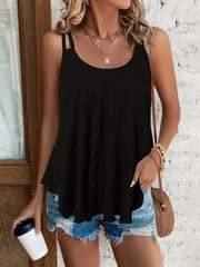 Black relaxed tank top with scoop neck and asymmetrical hem.