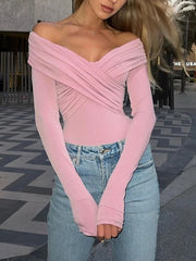 Pink off-shoulder long sleeve bodysuit with ruched crossover front detail.