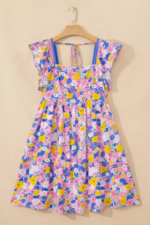 Floral flutter sleeve mini dress with square neck and tie back in cotton blend.