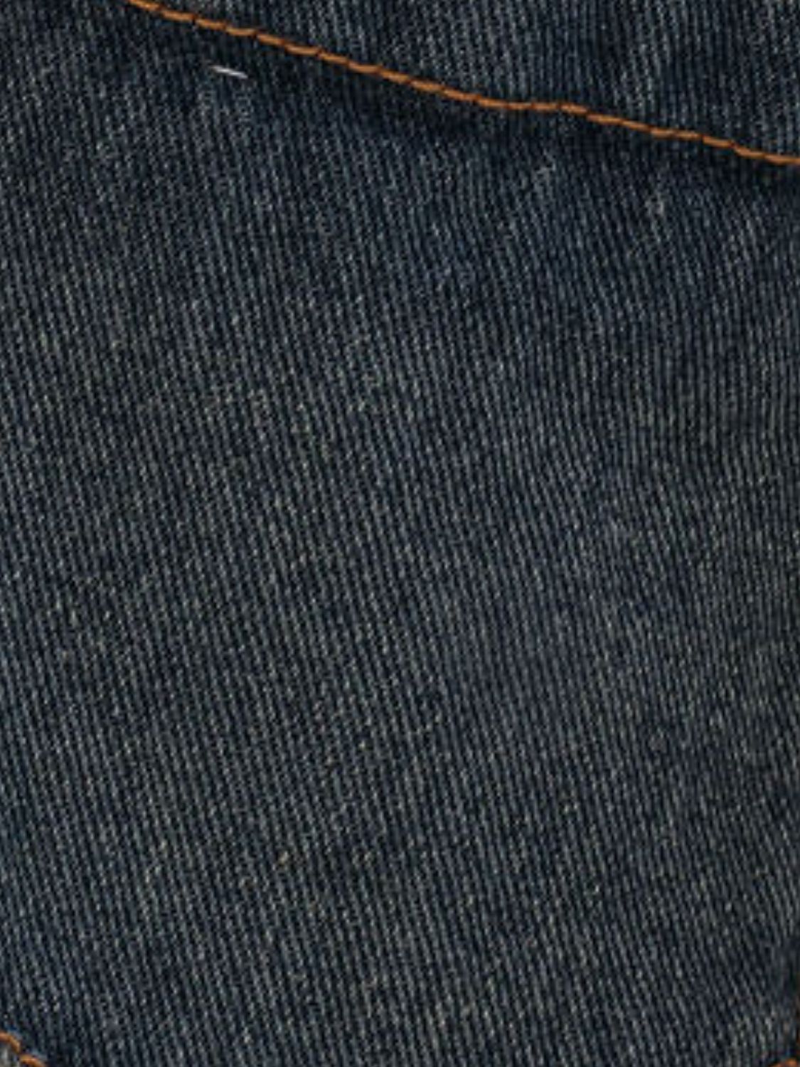 Black denim knit cover-up dress with contrast stitching detail.