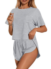 Gray striped pajama set with a pocket tee and drawstring shorts.