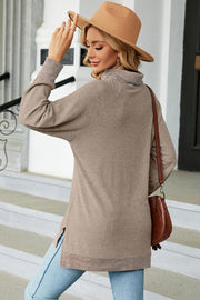 Colorblock raglan turtleneck tunic in mocha with contrasting cuffs and hem