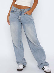 Light blue wide-leg denim jeans with contrast stitching and a relaxed fit.