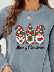 Light blue corduroy sweatshirt with a Merry Christmas gnome graphic and candy canes.