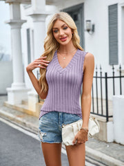 Textured ribbed sleeveless V-neck top in Pink Purple with a fitted silhouette.
