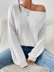 White off-shoulder ribbed knit top with balloon sleeves and a relaxed fit.