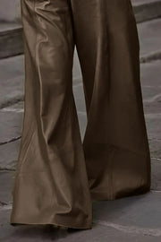 Chocolate wide-leg leather pants with buckle belt detail