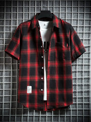 Red and black plaid short-sleeve cotton shirt with chest pocket