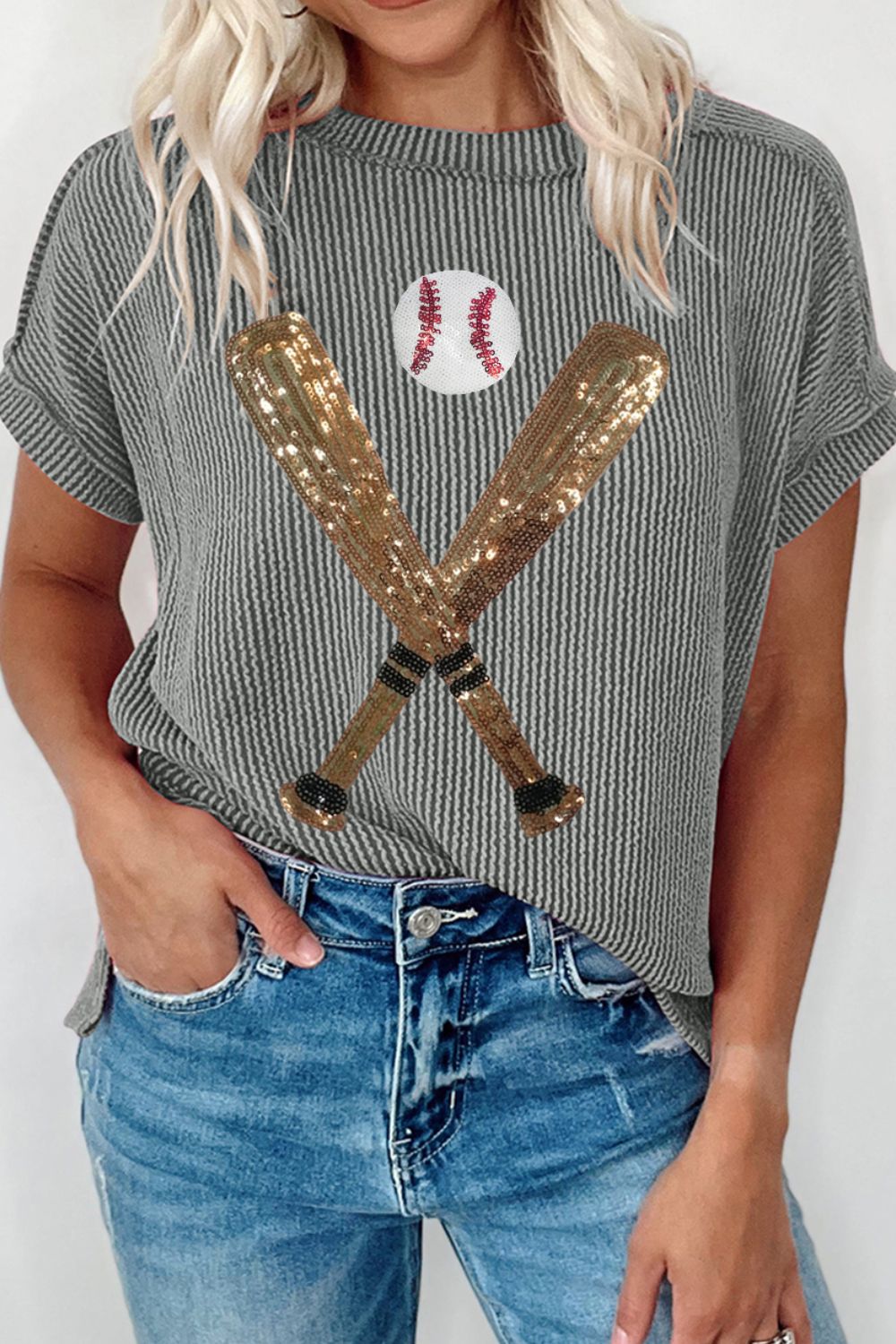 Dark gray striped tee with rolled sleeves, featuring a sequin baseball and crossed bats graphic.