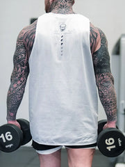 White perforated tank top with skull graphic detail on back, worn by a man lifting weights.